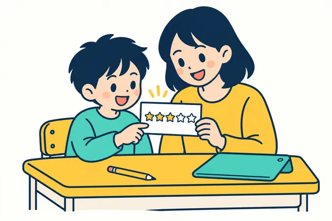 子どもと保護者が、たまったスタンプを一緒に見るイラスト